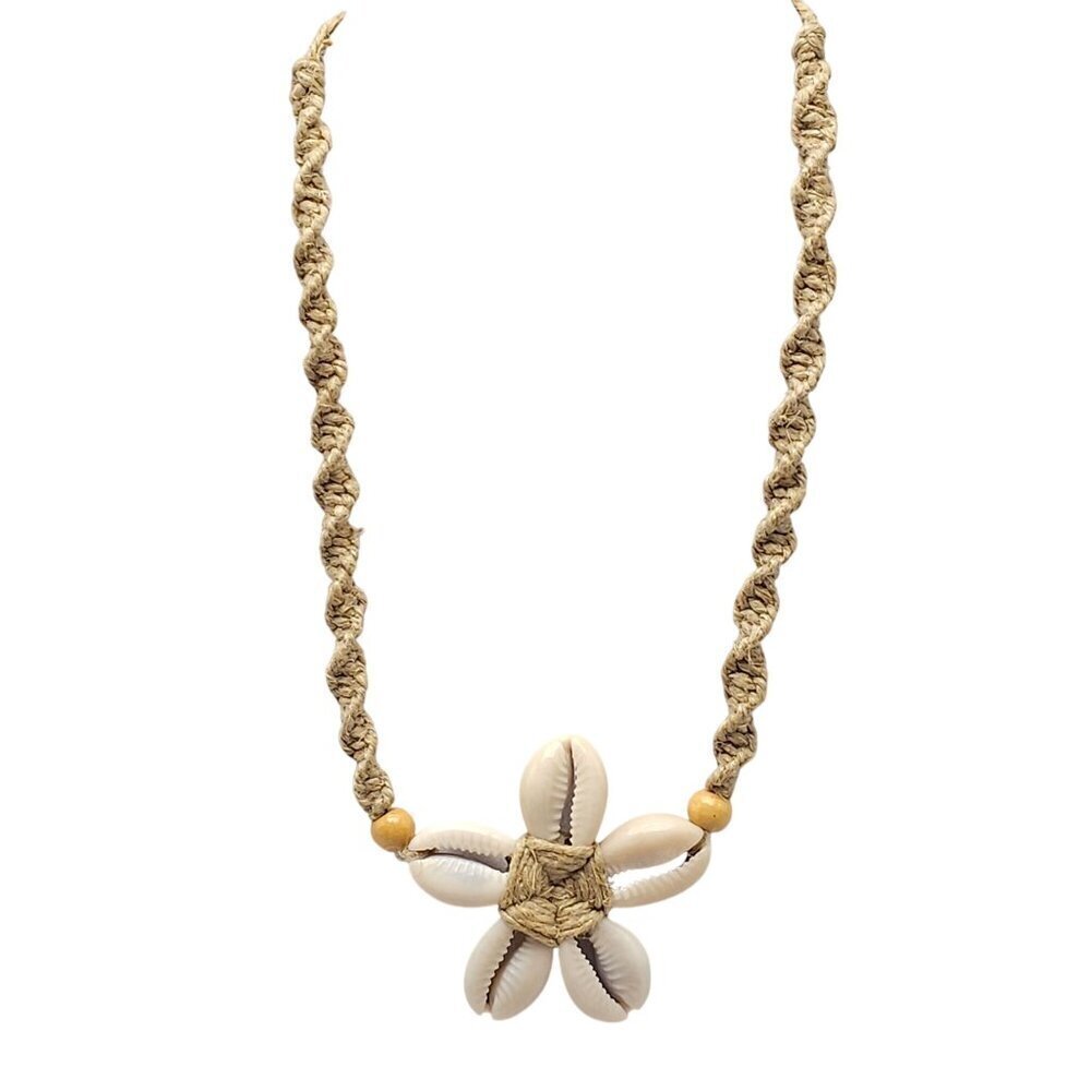 Bohemian Cowrie Shell Necklace With Braided Cord Wood Beads Vintage